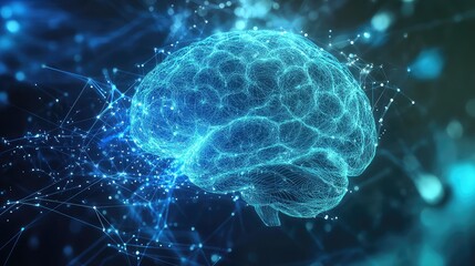 Human brain wireframe connected with glowing network processing data