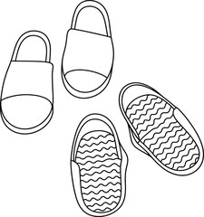 Top and bottom view shoe sketch, slip-on footwear design, sole pattern illustration, black line drawing, cad drawing flat vector illustration