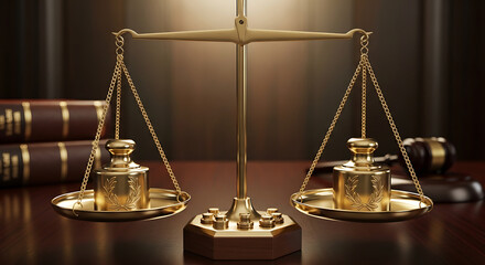 Golden scales of justice with weights and books in the background, symbolizing law and legal system