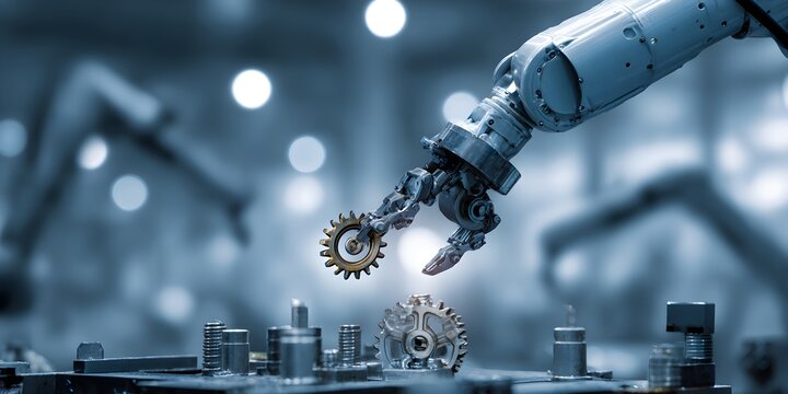 Advanced robotic arm precisely assembling intricate metal gears in a modern industrial automation setting, showcasing precision engineering and manufacturing innovation.