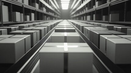 Automated warehouse conveyor system transporting boxes for delivery