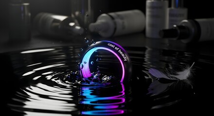 A colorful illuminated wristband with the words 'cost of beauty' floating on a reflective black surface, surrounded by bottles and a feather, creating a modern and artistic scene