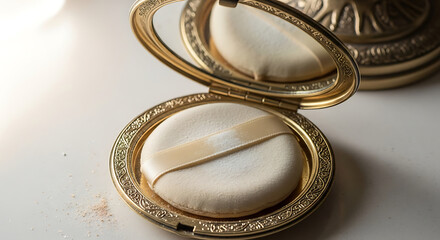 Vintage ornate gold powder compact with puff and mirror, elegant antique makeup accessory