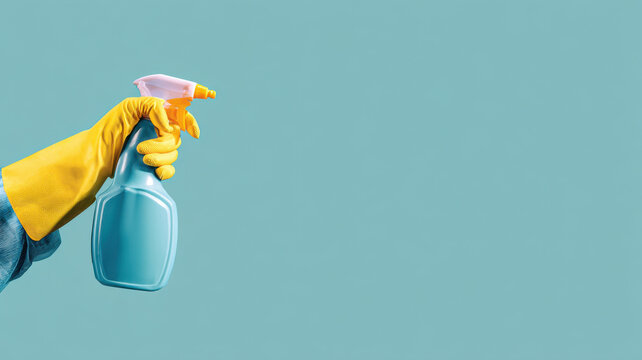 A hand wearing yellow gloves holds a spray bottle. The hand is in front of the background. 