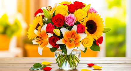 A vibrant bouquet of mixed summer flowers including sunflowers, lilies, and roses in a glass vase on a wooden table with a bright, sunlit background