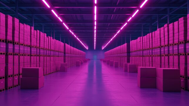 Futuristic cyberpunk warehouse glowing with pink neon lights