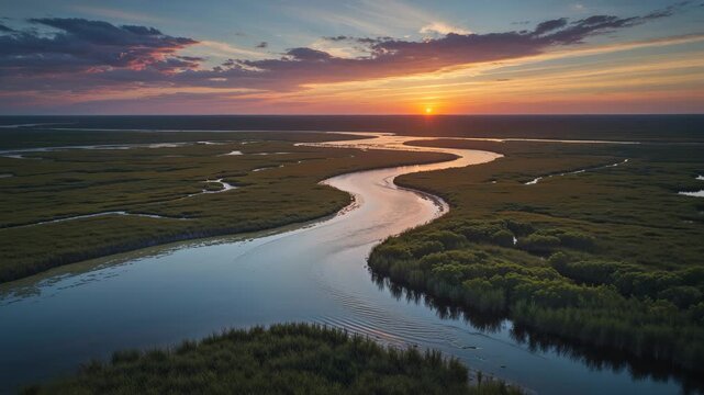 Scenic Sunset over Winding River in South Carolina Marshlands at Dusk 4K