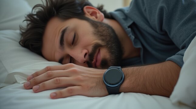 Mature man sleeping in bed. Black smart ring on male hand for sleep tracking, health monitoring 
