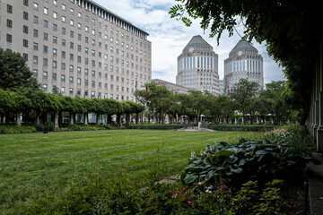 Urban park with modern office towers in downtown Cincinnati, Ohio