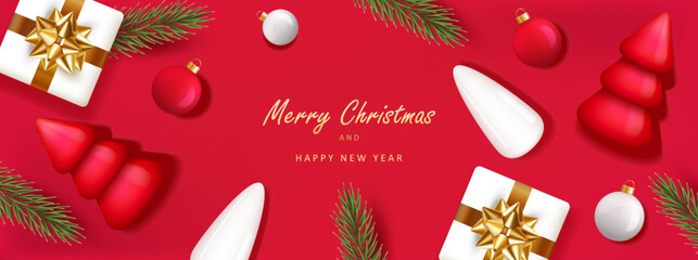 Holiday banner with 3d Christmas trees, ball and branch. Christmas card background with white gold gift on red.	 Vector EPS3.