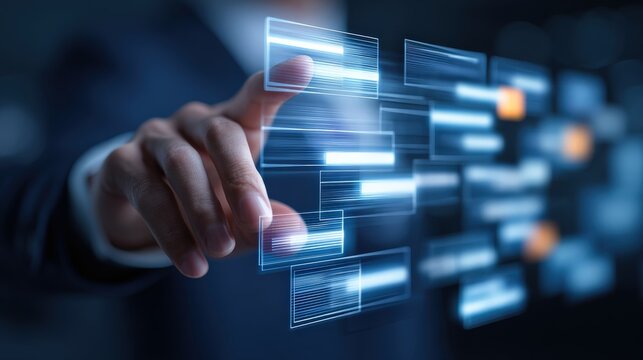 A hand interacts with glowing digital interface elements, illustrating technology, innovation, and data manipulation in a modern environment.