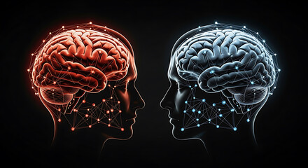 Two glowing human brains, one red and one blue, facing each other in profile against a dark background, symbolizing connection and thought processes