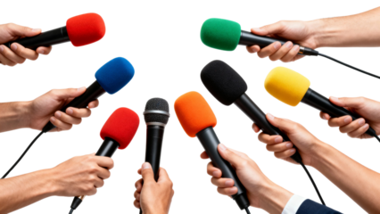 Multiple hands raising microphones for interview or press conference, isolated PNG background, journalism and live news broadcast visual for media communication, podcast recording and discussion