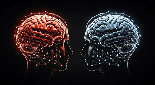 Two glowing human brains, one red and one blue, facing each other in profile against a dark background, symbolizing connection and thought processes