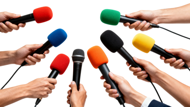 Multiple hands raising microphones for interview or press conference, isolated PNG background, journalism and live news broadcast visual for media communication, podcast recording and discussion