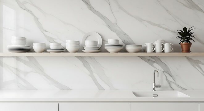 Modern kitchen countertop display with white dishes and plant