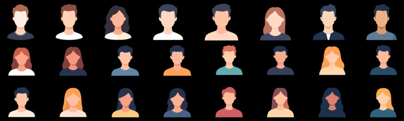flat design user avatars. Perfect for profile placeholders, team pages, UI/UX, and social media applications. Male and female icons.