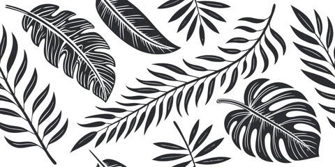 Elegant monochrome banner featuring a stylish pattern of various tropical jungle leaves. A modern black and white botanical background design © Pronob Kumar Ray