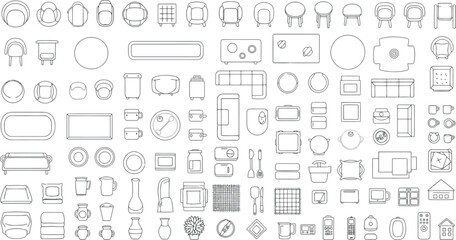 Assortment of topdown furniture icons and architectural symbols, isolated on