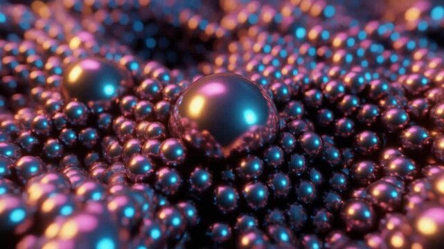 Abstract metallic spheres in a vibrant 3D rendering, creating a colorful and dynamic pattern