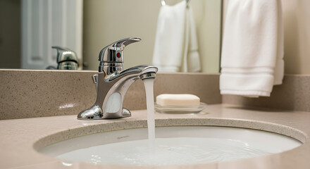 Closeup of a modern chrome faucet with running water flowing into a clean white sink, with a bar of soap and a white towel in the background