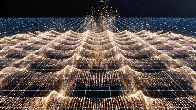 Millions of light particles streaming towards a single, central core, then radiating out equally across a grid.