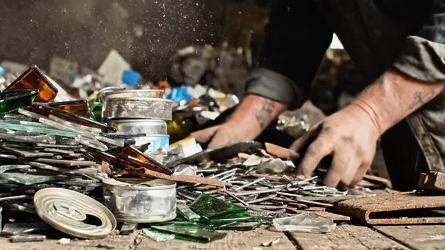 Close-up of dirty hands meticulously sorting different colored glass and metal on a makeshift table.