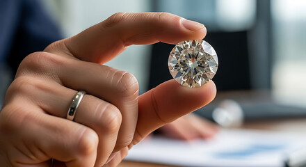 A persons hand, wearing a silver ring, holds a large, sparkling, brilliantcut diamond between their thumb and index finger, with a blurred office background