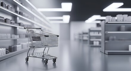 Empty Shopping Cart Positioned in a Modern, Minimalist Store Aisle