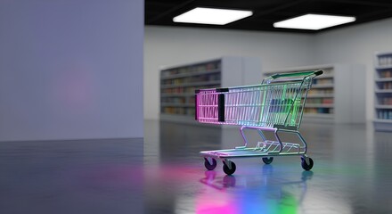 Empty Shopping Trolley Bathed in Dynamic Neon Hues on a Polished Floor