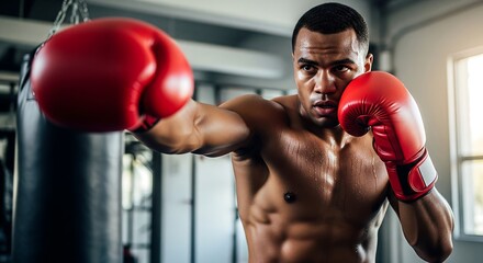 A boxer with red gloves punching in a gym setting.