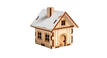 Wooden cabin miniature with white snow on roof, isolated on white background, copy space