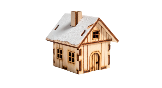 Wooden cabin miniature with white snow on roof, isolated on white background, copy space