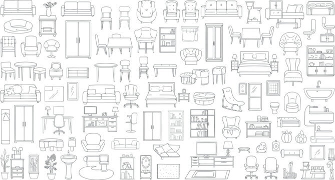 Assortment of sketched furniture and home decor items, isolated on