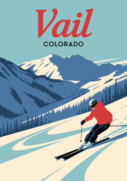 Vail Ski Resort Colorado Travel Poster &ndash; Vintage Vector Illustration, Mountain Landscape, Winter Sports Destination, Ski Resort Artwork, Alpine Scenery, Snowy Peaks, Travel and Tourism Poster Design