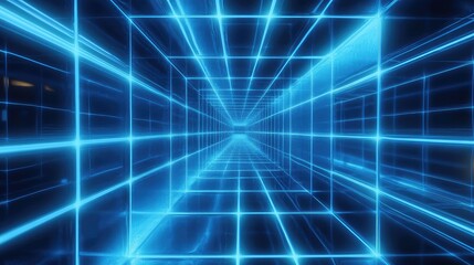 Naklejka premium Blue glowing grid tunnel creating futuristic technology concept