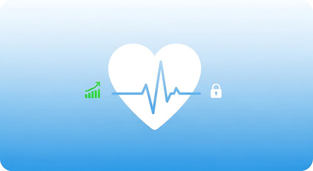 A stylized graphic representing health and wellness, featuring a heart with a pulsating ekg line, a growth chart icon, and a lock icon on a soft blue gradient background