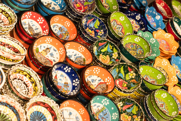 Many painted decorative plates at the Turkish bazaar.