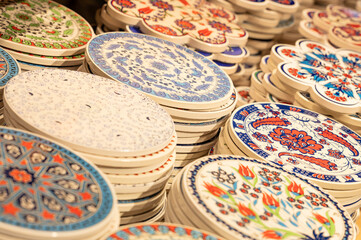 Many painted decorative plates at the Turkish bazaar.