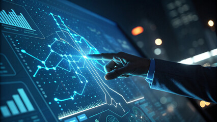 Hand pointing at glowing digital data analytics screen with charts and graphs