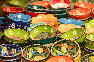 Many painted decorative plates at the Turkish bazaar.