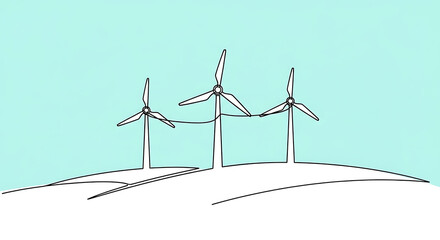 Three wind turbines on a hill, drawn in a minimalist continuous line art style with a light blue background, symbolizing renewable energy and environmental sustainability