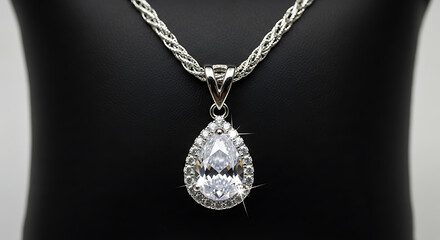 A teardropshaped clear crystal pendant with a halo of smaller stones, suspended from a silver rope chain, displayed on a black mannequin bust against a white background