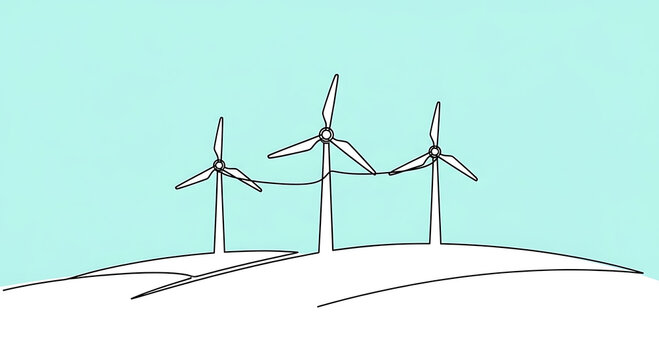 Three wind turbines on a hill, drawn in a minimalist continuous line art style with a light blue background, symbolizing renewable energy and environmental sustainability