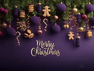 Christmas and new year background concept. Top view of Christmas decoration made from snowflake, Christmas Lights gingerbread cookies and fir tree branch, ball on purple background. High quality