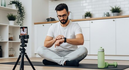 A man in a white T-shirt checks his smartwatch on a yoga mat with a tripod filming him in a modern kitchen.