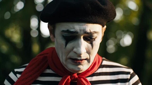 A pensive mime artist performs in a garden setting with a red scarf and striped shirt