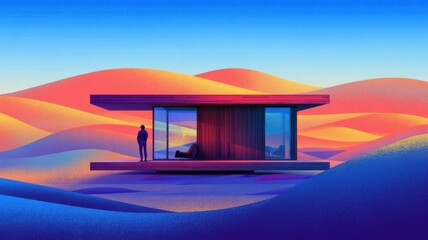 Modern cabin retreat in surreal desert landscape under starry sky offers peace and escape, perfect for travel and lifestyle content, inspiring wanderlust