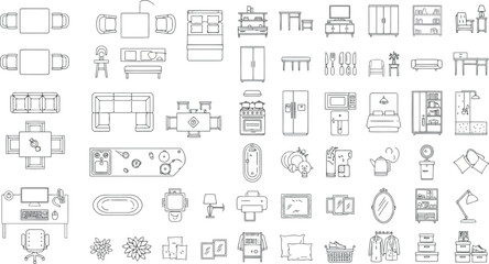 Obraz premium Set of various furniture icons and symbols for interior design and architectural planning, isolated on