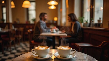 Cozy cafe interior on Valentine's Day, two steaming coffee cups with heart-shaped latte art on a marble table and a blurred couple on a date in the background. Romantic, warm holiday ambiance - Powered by Adobe